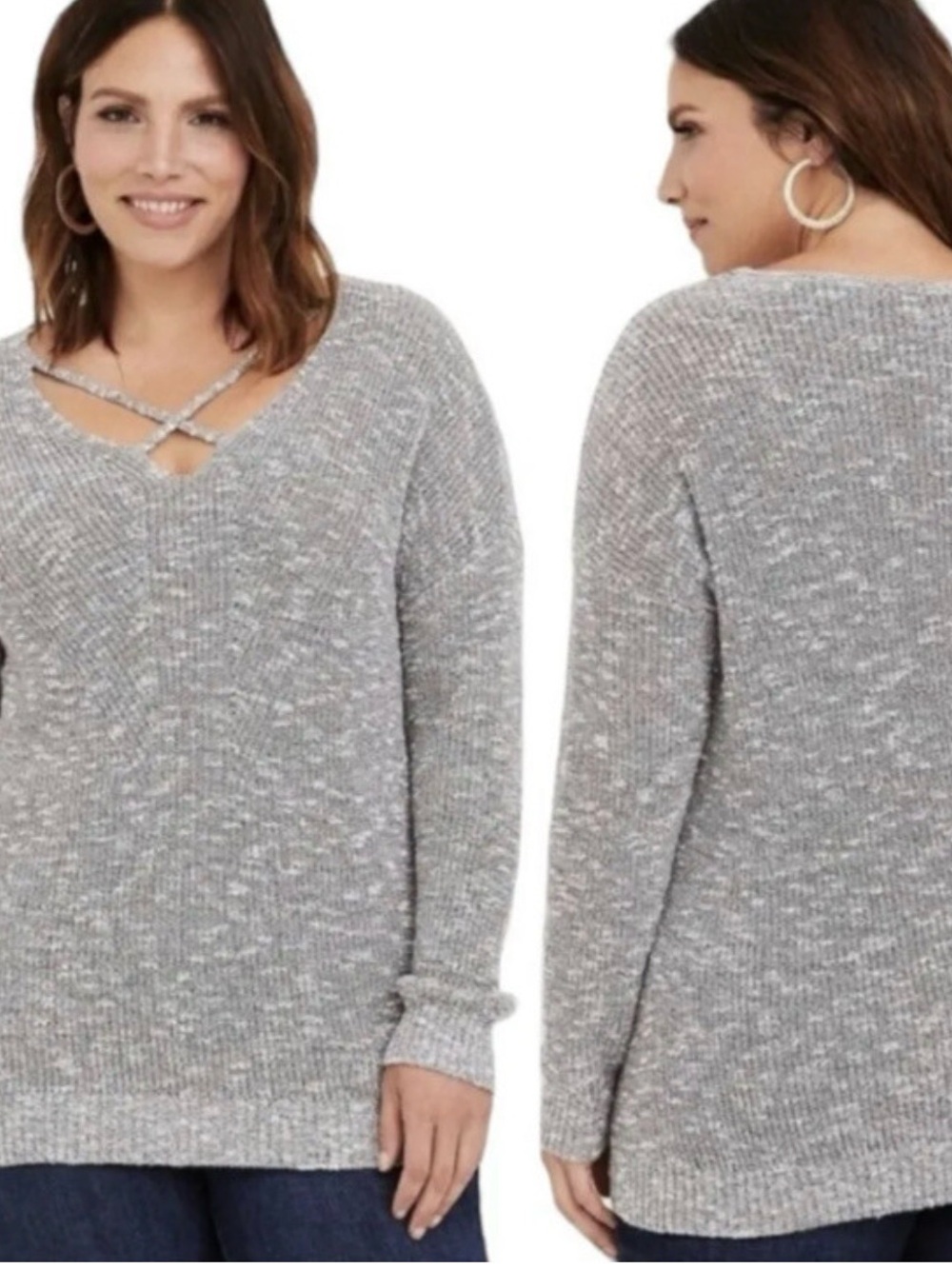 torrid Gray Crisscross Marled V-Neck Sweater 0